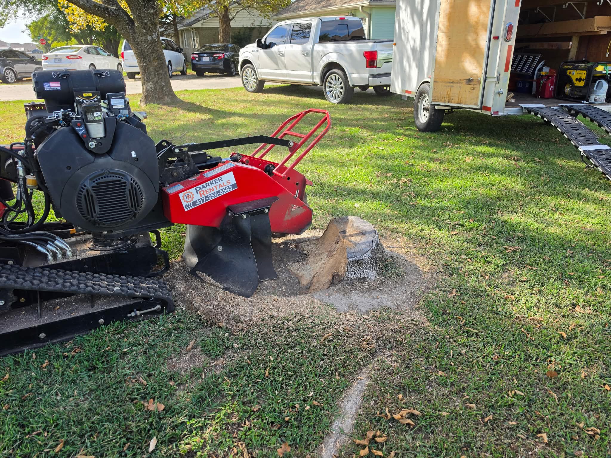 Stump grinding equipment at work on a residential property