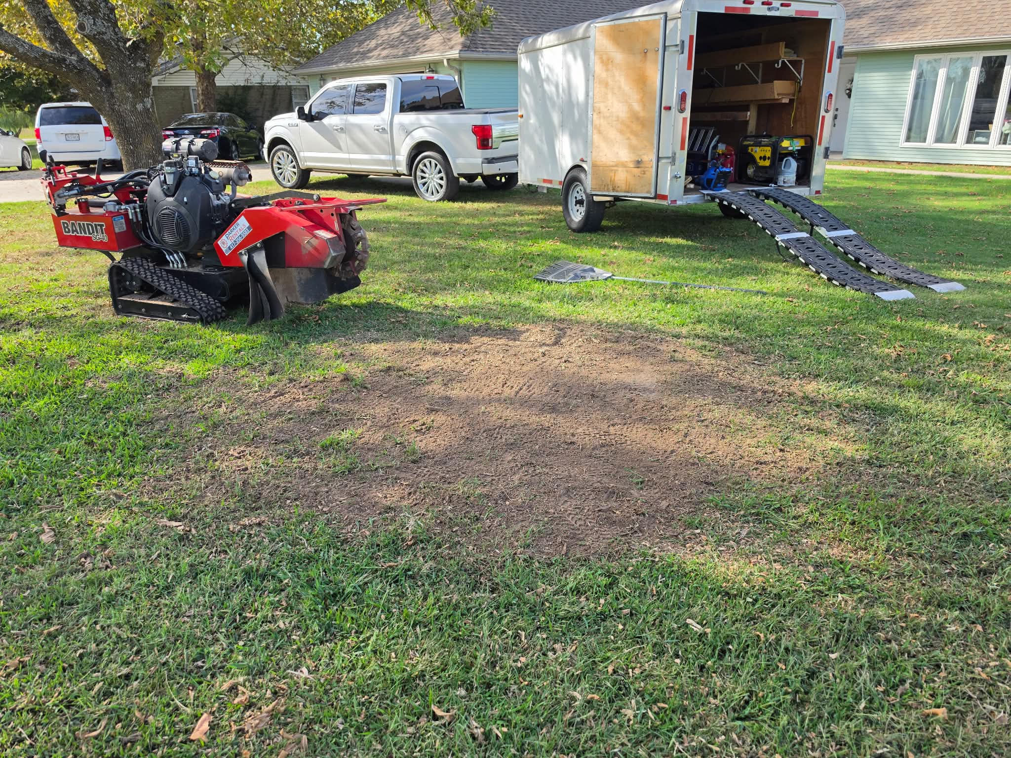 Stump grinding equipment and a cleared stump